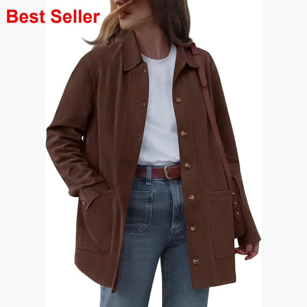 Faux Suede Jacket Long Sleeve Button Down Relaxed Fit Trench Coat - Picture 1 of 7